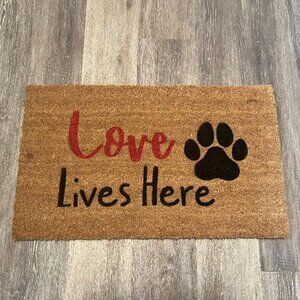 Love Lives here with dog paw decorative coir doormat